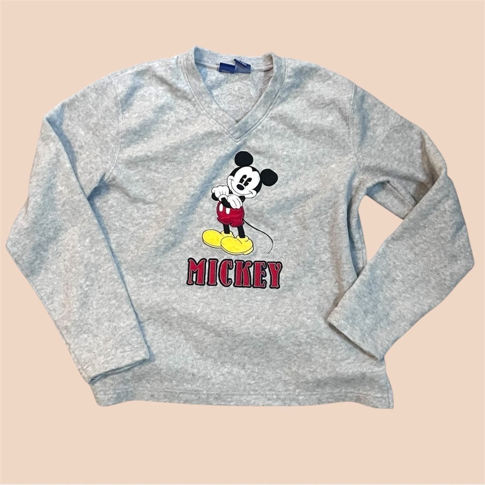 Vintage Mickey Mouse Embroidered V-Neck Fleece Sweatshirt